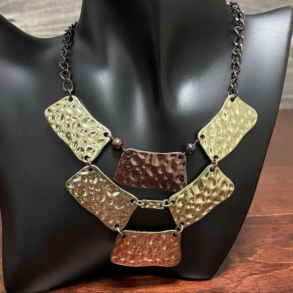 Multi Layered Necklace With Brass, Copper, and Gold Color Hammered Plates - Picture 1 of 8